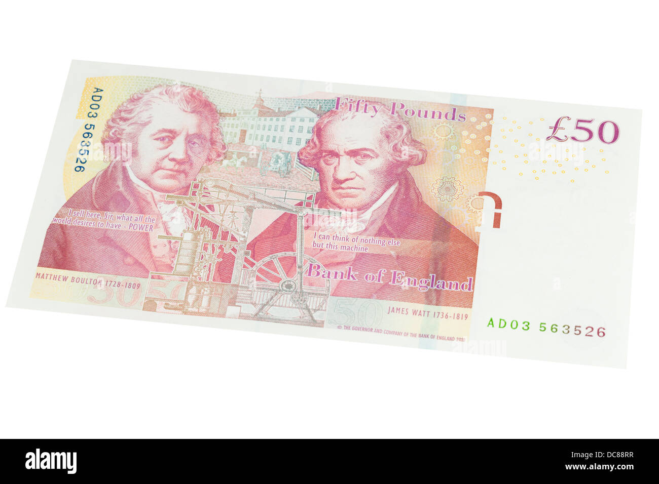 Inglese cinquanta pound nota su sfondo bianco Foto Stock