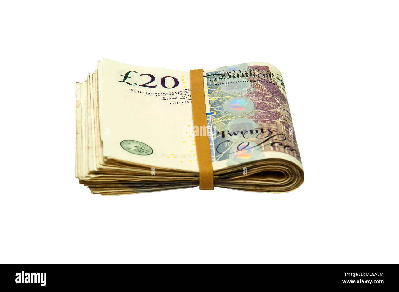 Ripiegate in contanti - 20 pound note con il tracciato di ritaglio su sfondo bianco Foto Stock