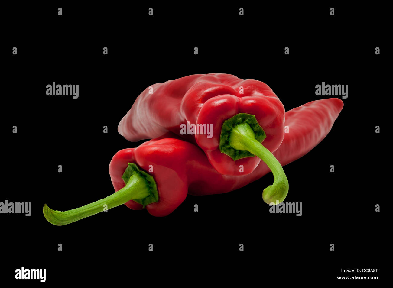 Peperoni rosso paprica dolce lungo lo sfondo nero Foto Stock