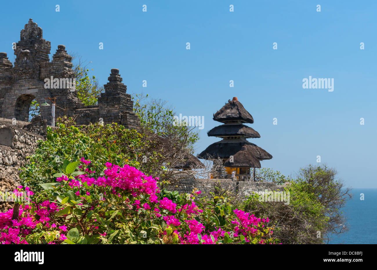 Pura Luhur Uluwatu Temple, Bali su falesie sopra blu mare tropicale con fiori di colore rosa sulla parte anteriore Foto Stock