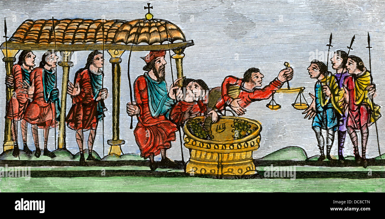 Ufficiali di ricezione e di peso delle monete in euro all'Erario, Londra, 1130. Colorate a mano la xilografia Foto Stock