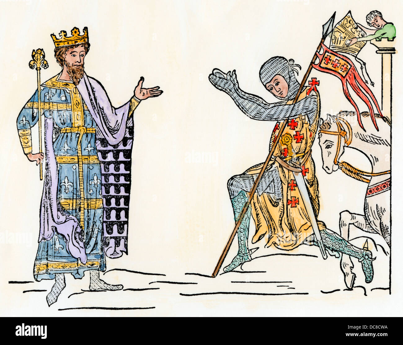 Re ricevere un cavaliere, tardi 1200s. Colorate a mano la xilografia Foto Stock