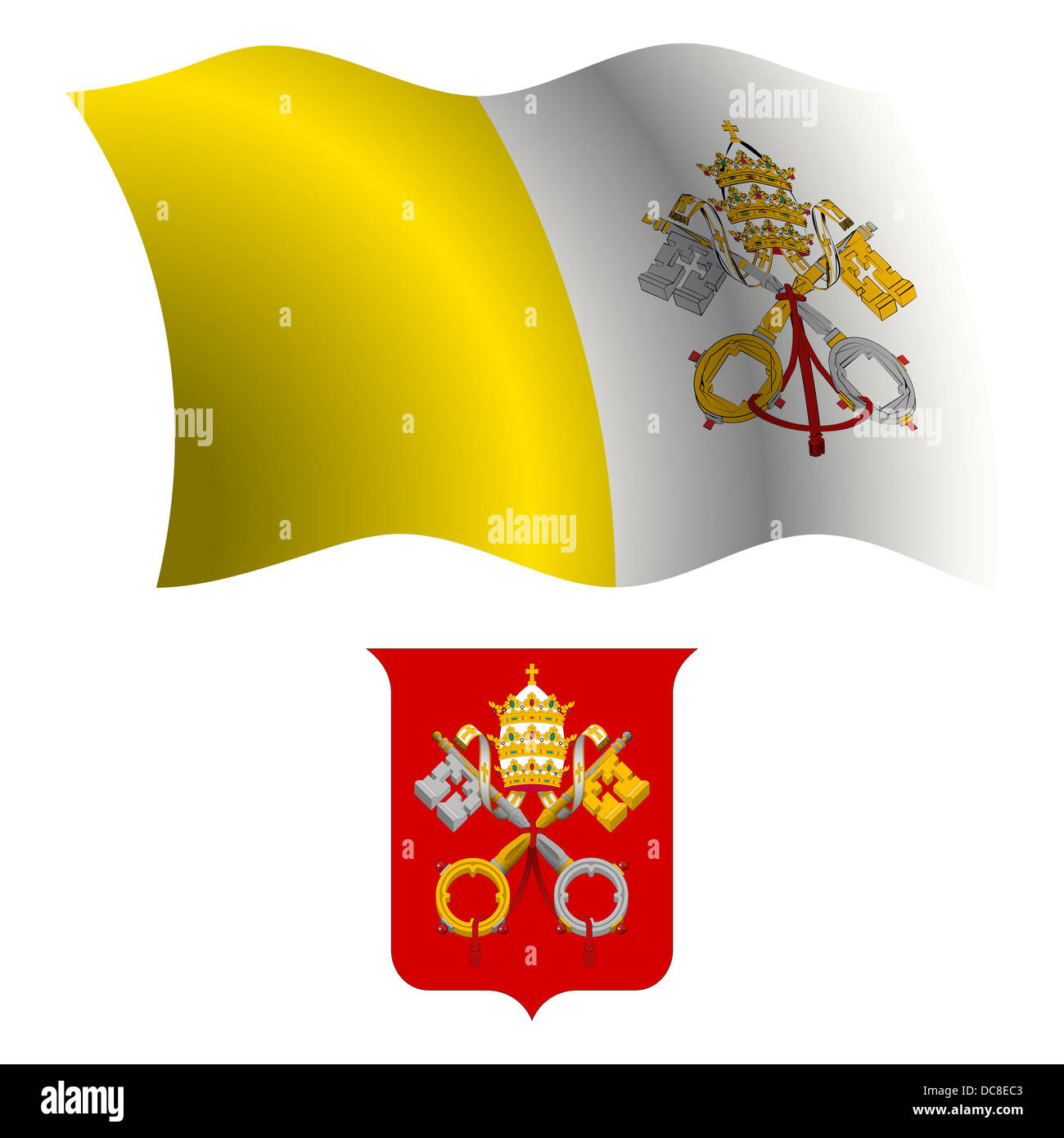 Città del Vaticano bandiera ondulata e rivestire di braccio contro uno sfondo bianco, arte vettoriale illustrazione, immagine contiene la trasparenza Foto Stock