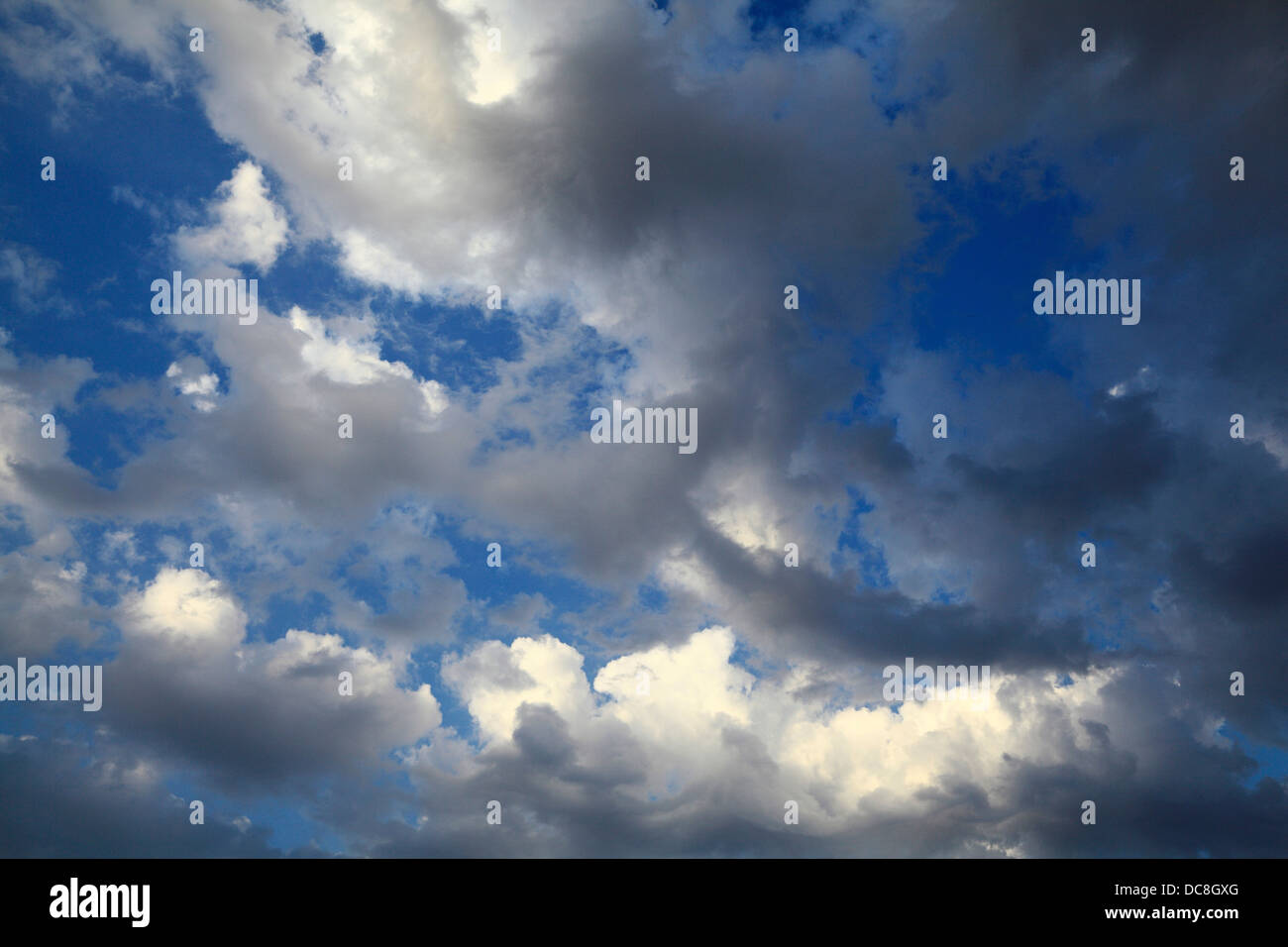Il cielo blu, il bianco e il grigio scuro nuvole, cielo cloud background meteo meteorologia Foto Stock
