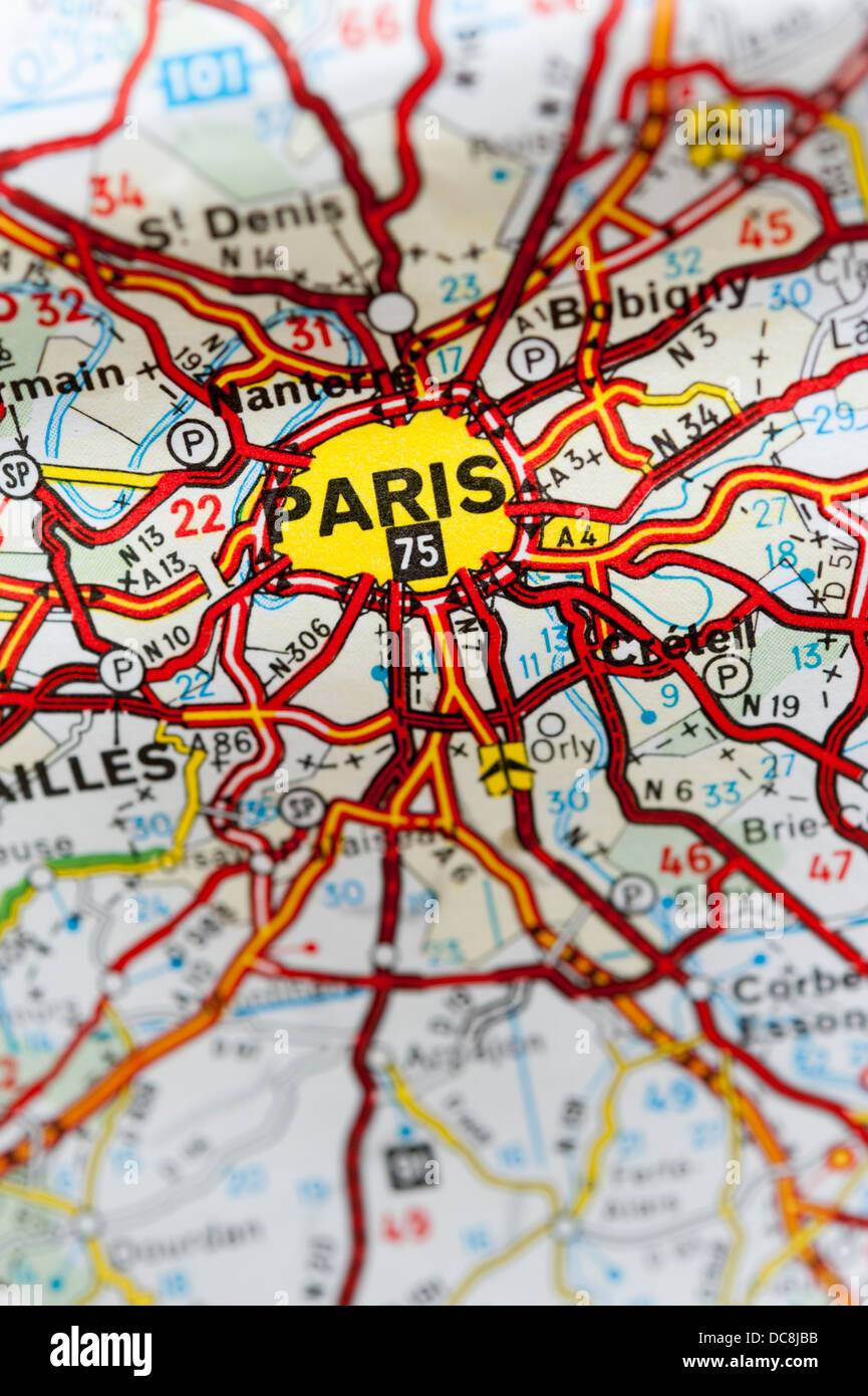 Mappa di Parigi e le zone circostanti close up Foto Stock