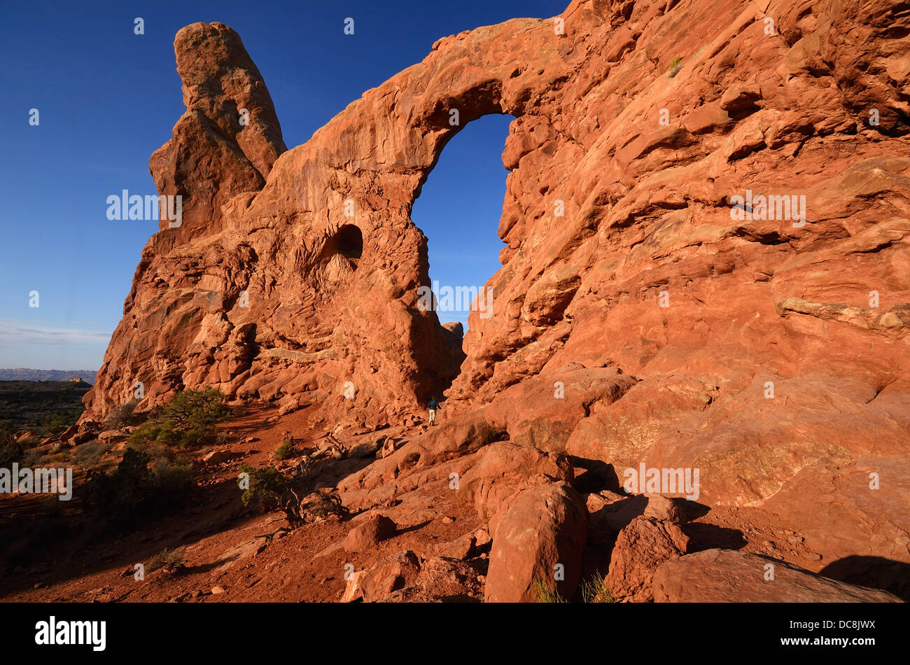 Escursionista esplorando la torretta Arch nel Parco Nazionale Arches, Utah, Stati Uniti d'America all'alba Foto Stock