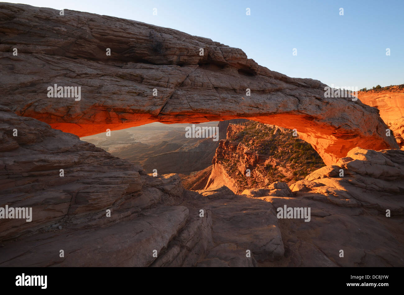 Mesa Arch incandescente nel Parco Nazionale di Canyonlands presso Sunrise, Utah, Stati Uniti d'America Foto Stock
