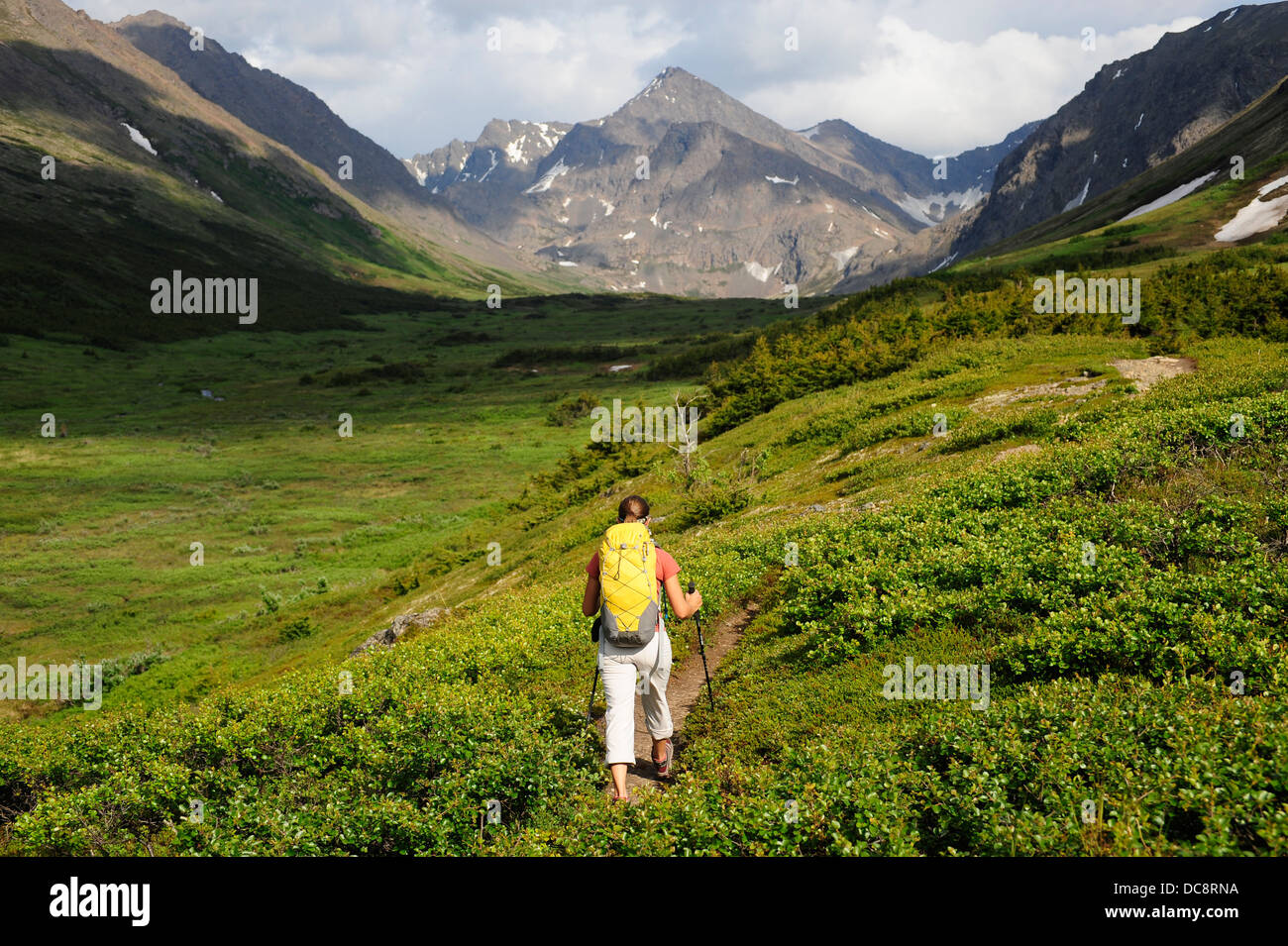 Backpacker escursionismo in Chugach State Park vicino a Anchorage in Alaska,. Foto Stock
