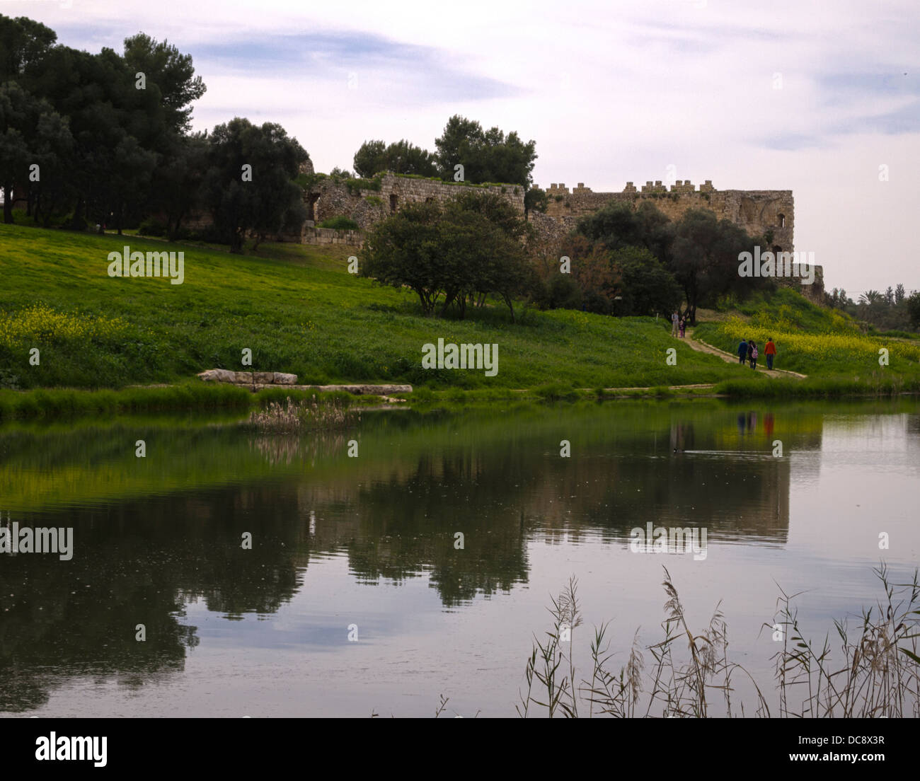 Israele. Le rovine di una fortezza ottomana riflettono in Yarkon corrente in Afek parco vicino a Tel Aviv Foto Stock