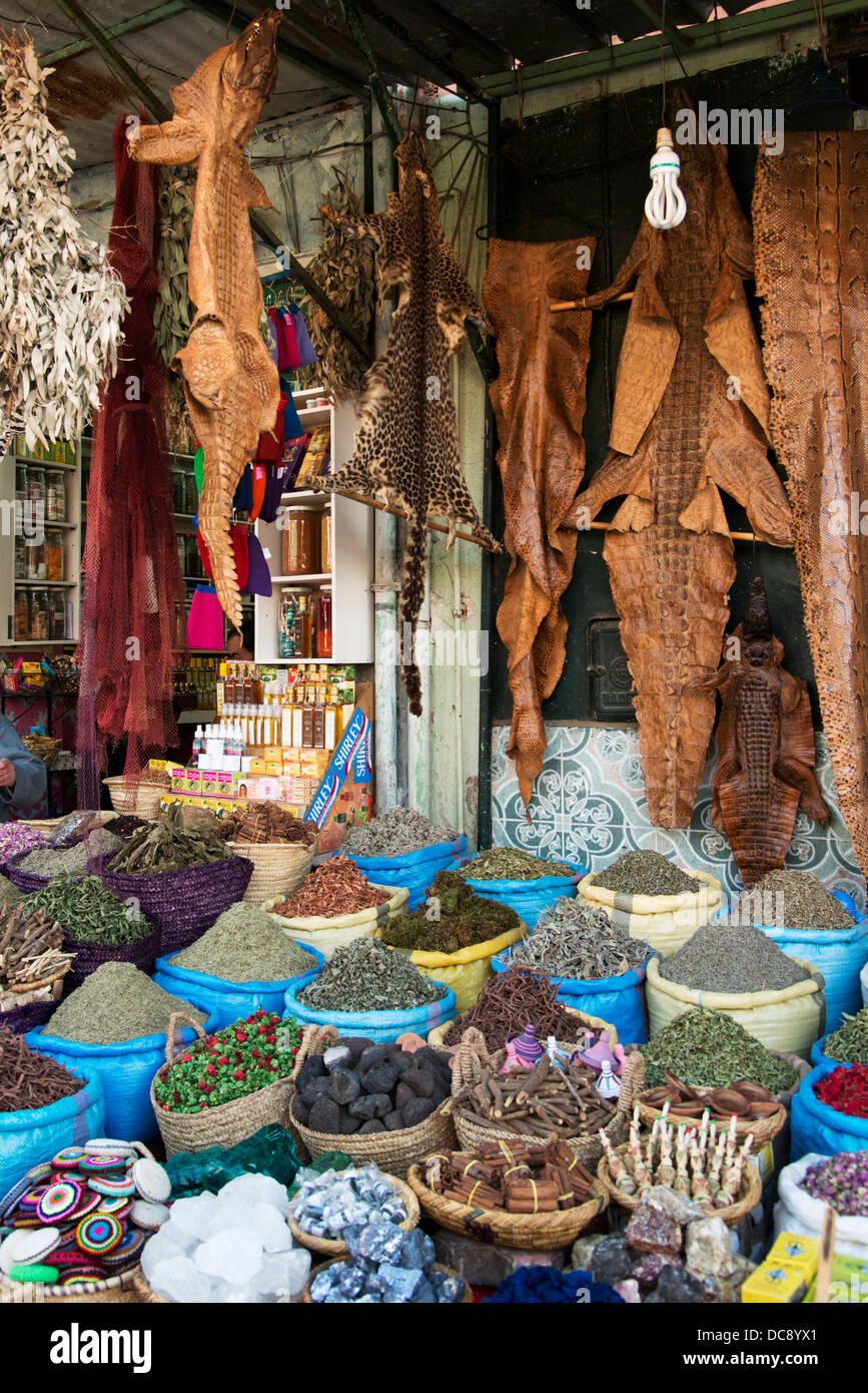 Varietà di alimenti e vasellame in cesti al mercato; Marrakesh, Marrakech-Tensift-El Haouz, Marocco Foto Stock