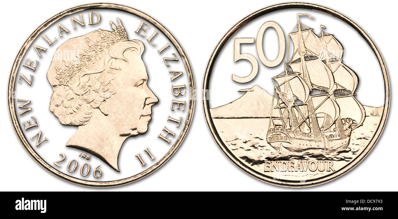 Nuova Zelanda coin: HMS Endeavour, la nave sulla quale il capitano Cook ha raggiunto la Nuova Zelanda, ottobre 1769. Dettagli tagliare, ombra Foto Stock