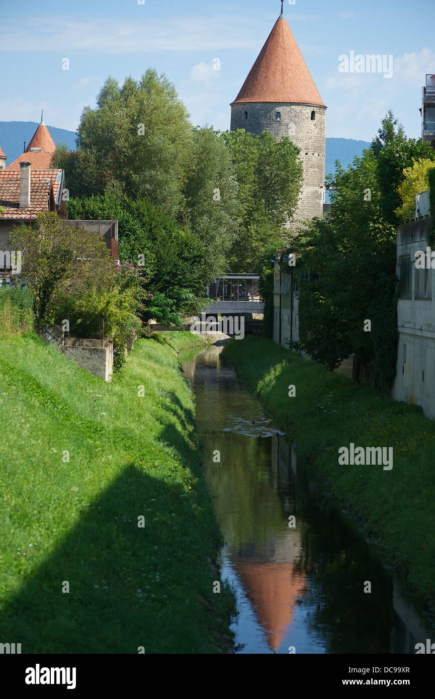 Yverdon-les-Bains torre del castello della città Foto Stock