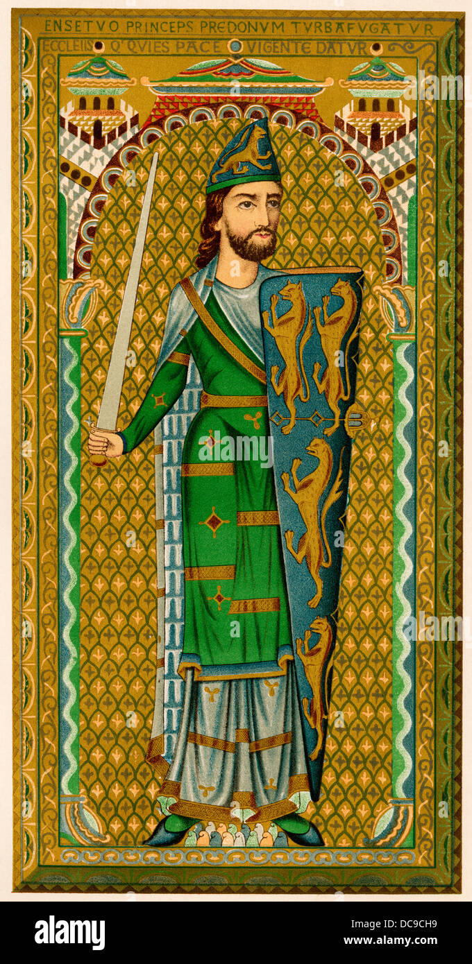 Nobile francese del dodicesimo secolo con la sua spada e scudo. Litografia a colori la riproduzione Foto Stock