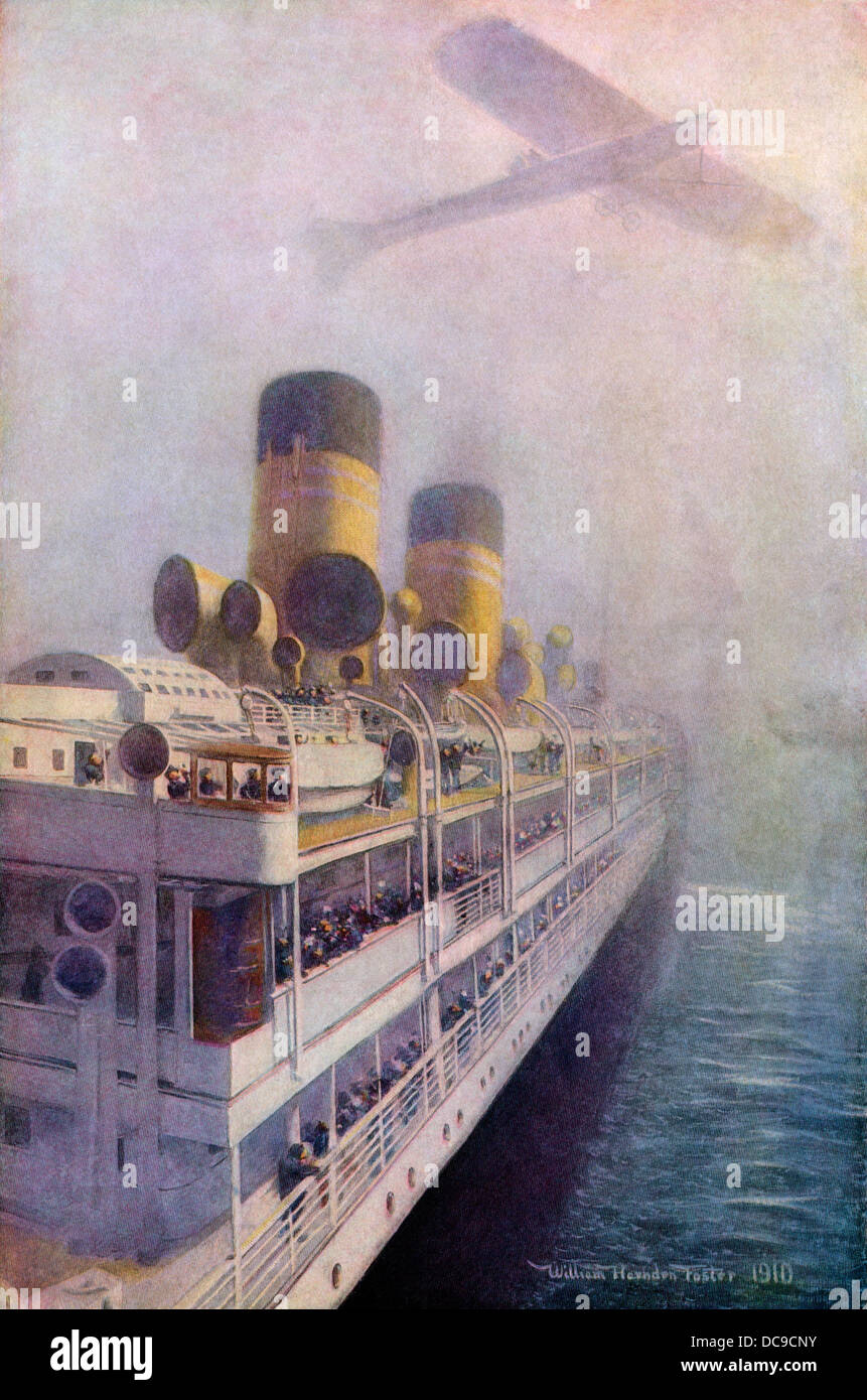 In aereo la posta di caduta di un passeggero steamship nelle nebbiose Oceano Atlantico, 1910. Colore mezzetinte riproduzione di un'illustrazione Foto Stock