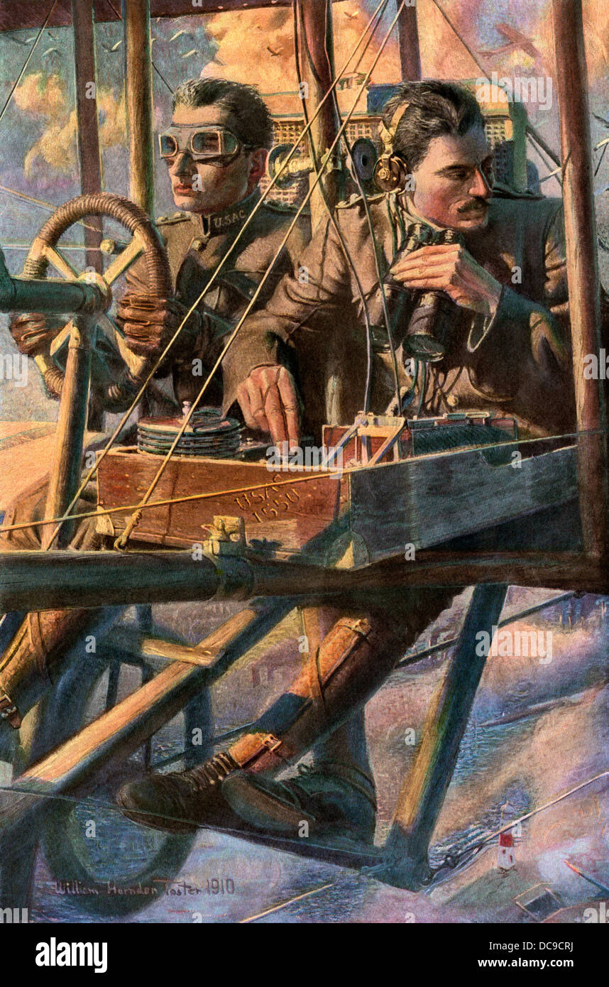Primi aviatori su una missione di esplorazione per gli Stati Uniti Aviation Corps, 1910. Colore mezzetinte riproduzione di un W.H. Illustrazione di Fraser Foto Stock
