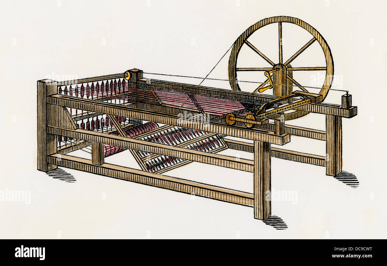 Hargreaves la filatura-jenny, inventato nel 1760s. Colorate a mano la xilografia Foto Stock