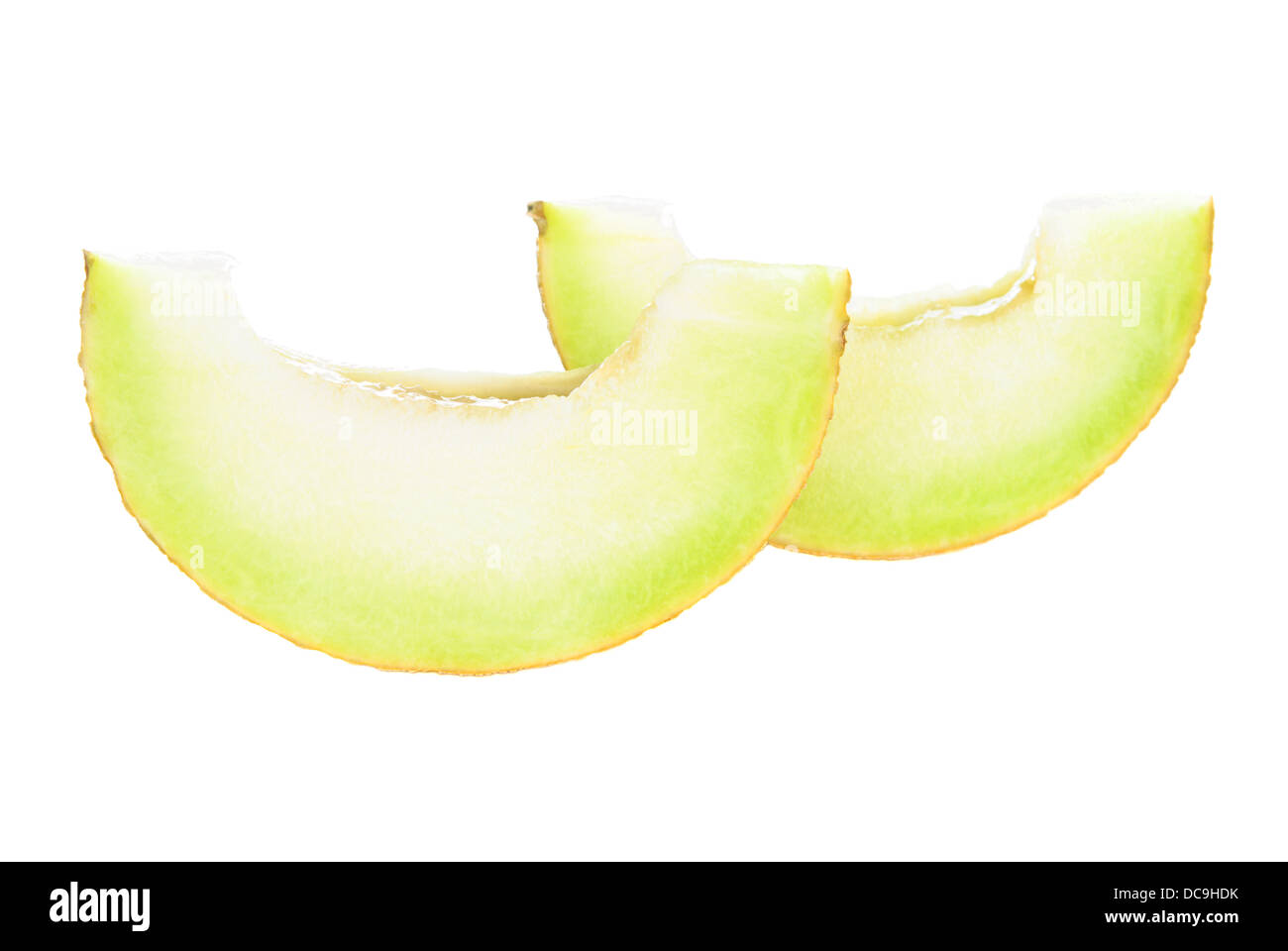 Fresche e mature di melone Honeydew fette su sfondo bianco Foto Stock