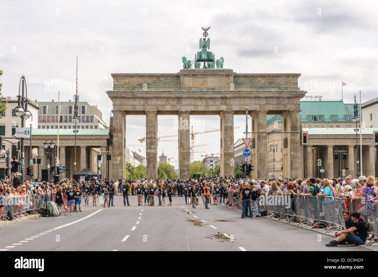 Molte persone il 17 di giugno Street e la piazza e la Porta di Brandeburgo durante IPZV cavalli islandesi nel campionato del mondo, Berlino Foto Stock