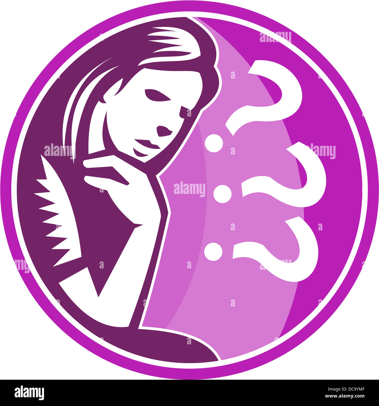 Illustrazione della donna pensatore femmina pensare preoccuparsi guardando preoccupato insieme all'interno del cerchio fatto rétro xilografia stile. Foto Stock