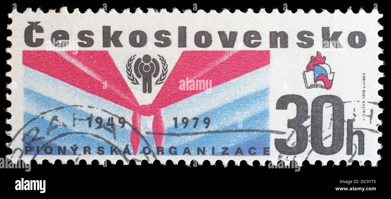 Timbro dalla Cecoslovacchia mostra immagine per commemorare il trentesimo anniversario del movimento pioniere Foto Stock