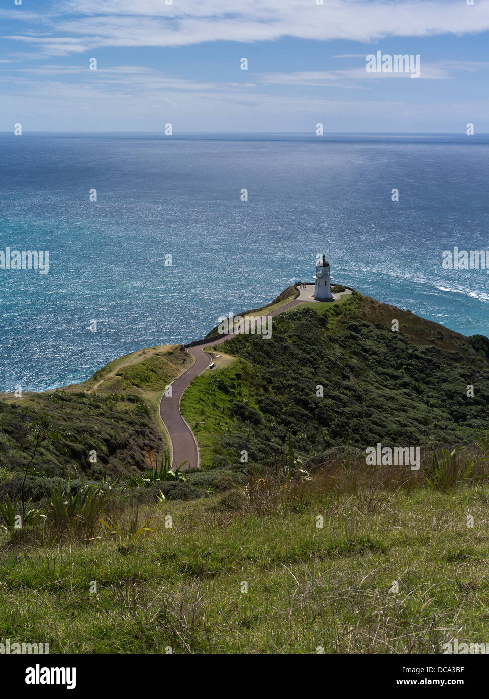 Dh Cape Reinga Lighthouse Cape Reinga NUOVA ZELANDA Faro Faro Mare di Tasman e Oceano Pacifico del sud riunione Foto Stock