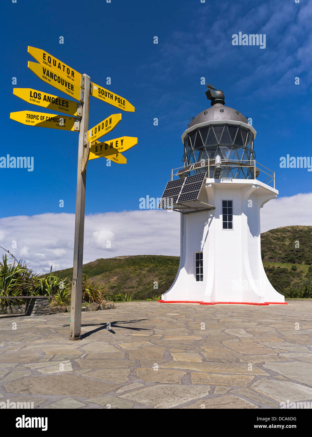 dh Cape Reinga Lighthouse NORTHLAND NEW ZEALAND International signpost light casa torre segnaletica intorno mondo segno posto Foto Stock