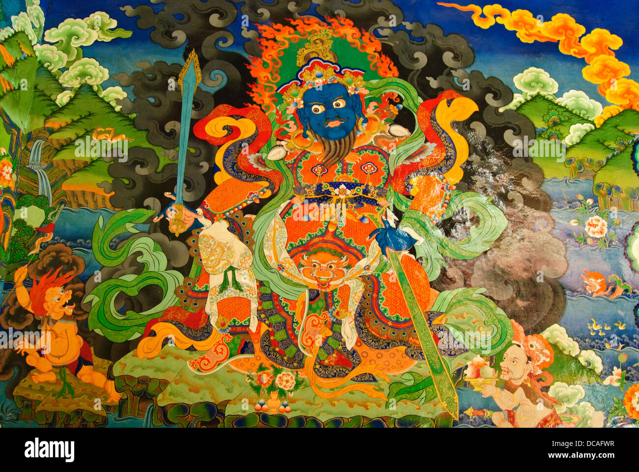 Pittura murale di una delle divinità Ladakhi in Lamayuru gompa Foto Stock