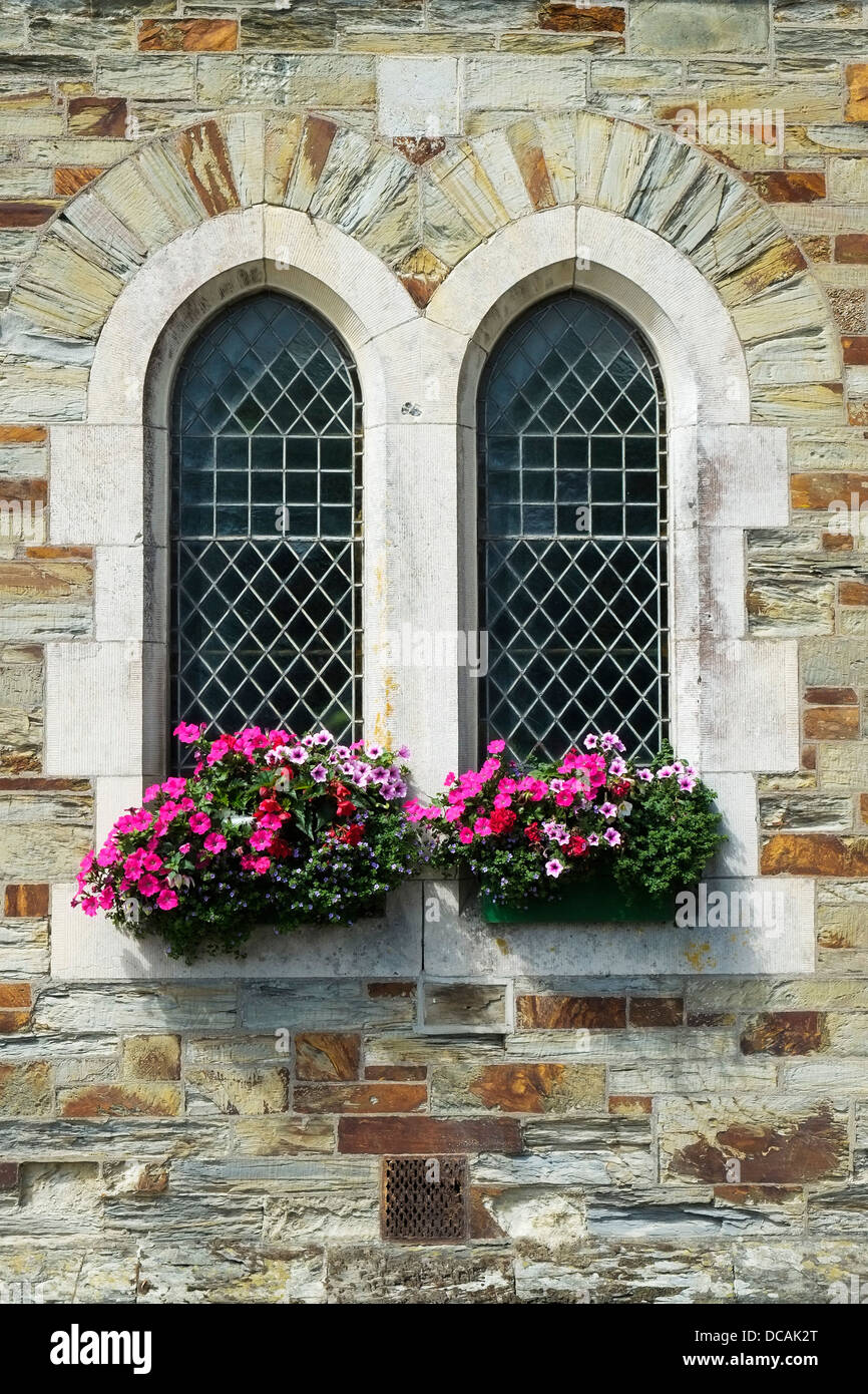 Scatole a finestra piena di fiori colorati. Foto Stock