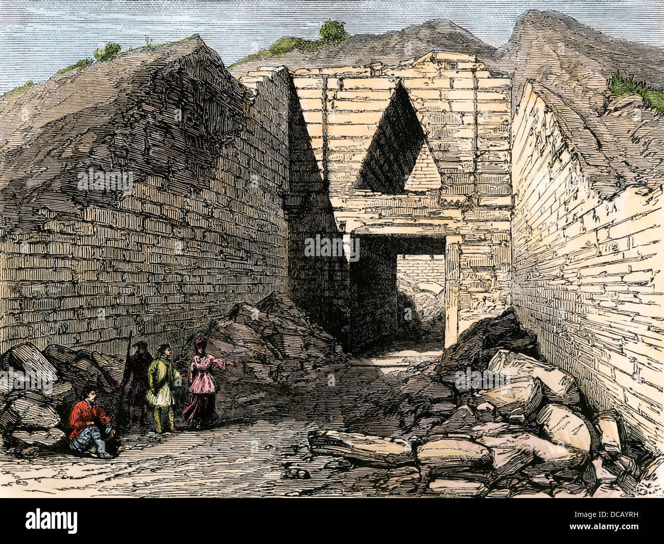 Schliemann gli scavi del secondo Tesoro di Atreo a Micene, Grecia, 1870s. Colorate a mano la xilografia Foto Stock