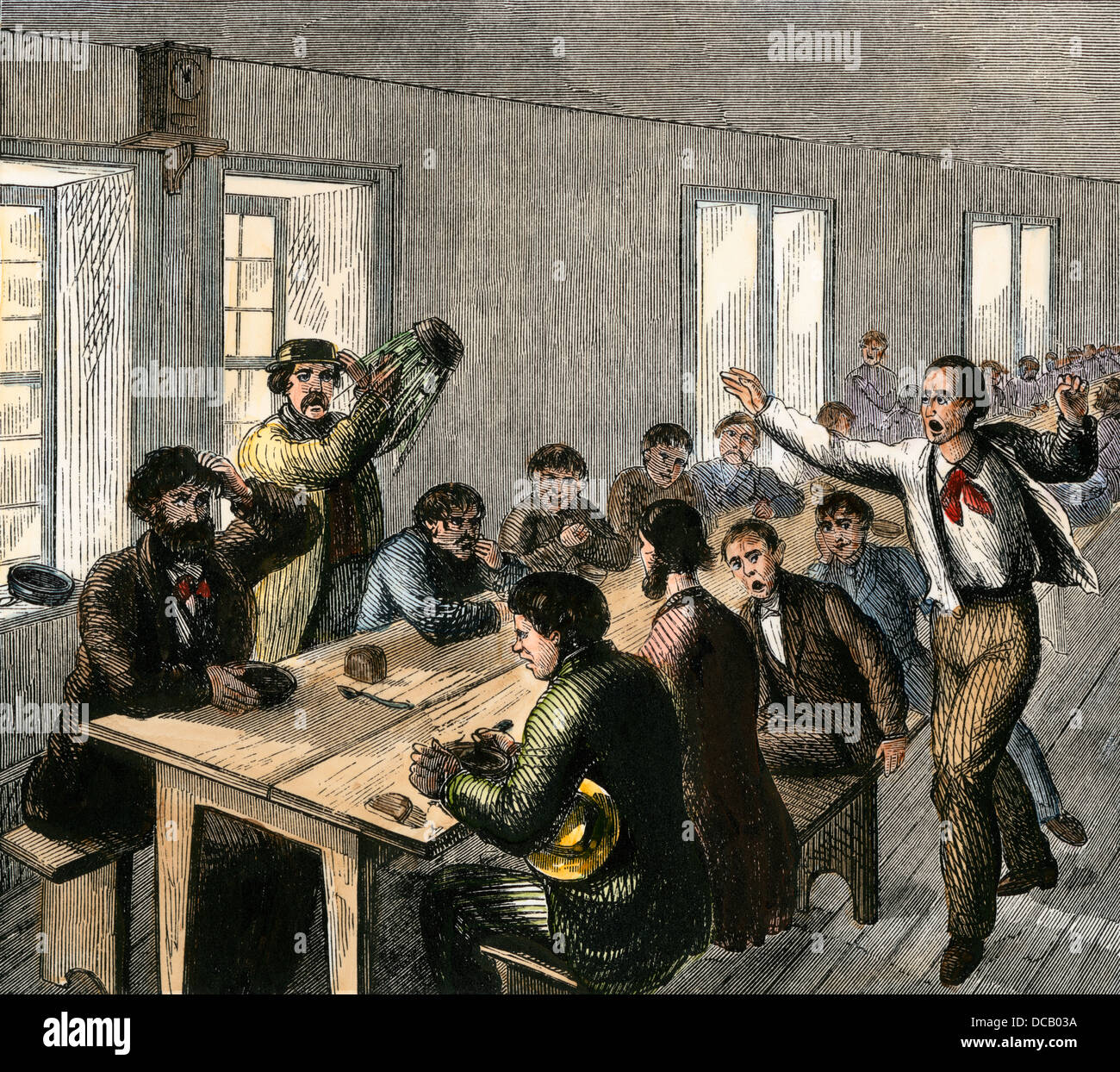 I pazienti a cena, Blackwell Island manicomio, il porto di New York, 1860s. Colorate a mano la xilografia Foto Stock