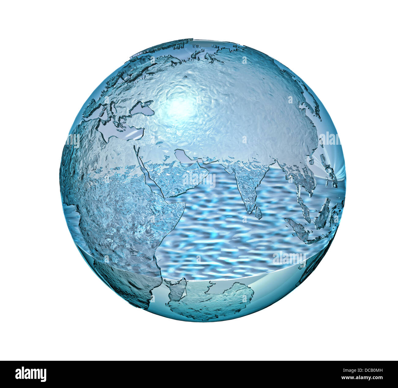Il pianeta terra realizzata in vetro con una piccola quantità di acqua all'interno. Isolato su sfondo bianco. Percorso di clipping incluso. Foto Stock