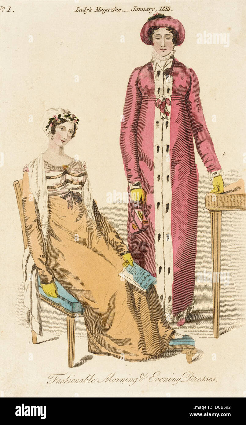 Questo piatto alla moda presenta abiti da mattina e da sera, che mostrano l'abbigliamento alla moda indossato durante il XIX secolo, evidenziando le tendenze della moda femminile. Foto Stock