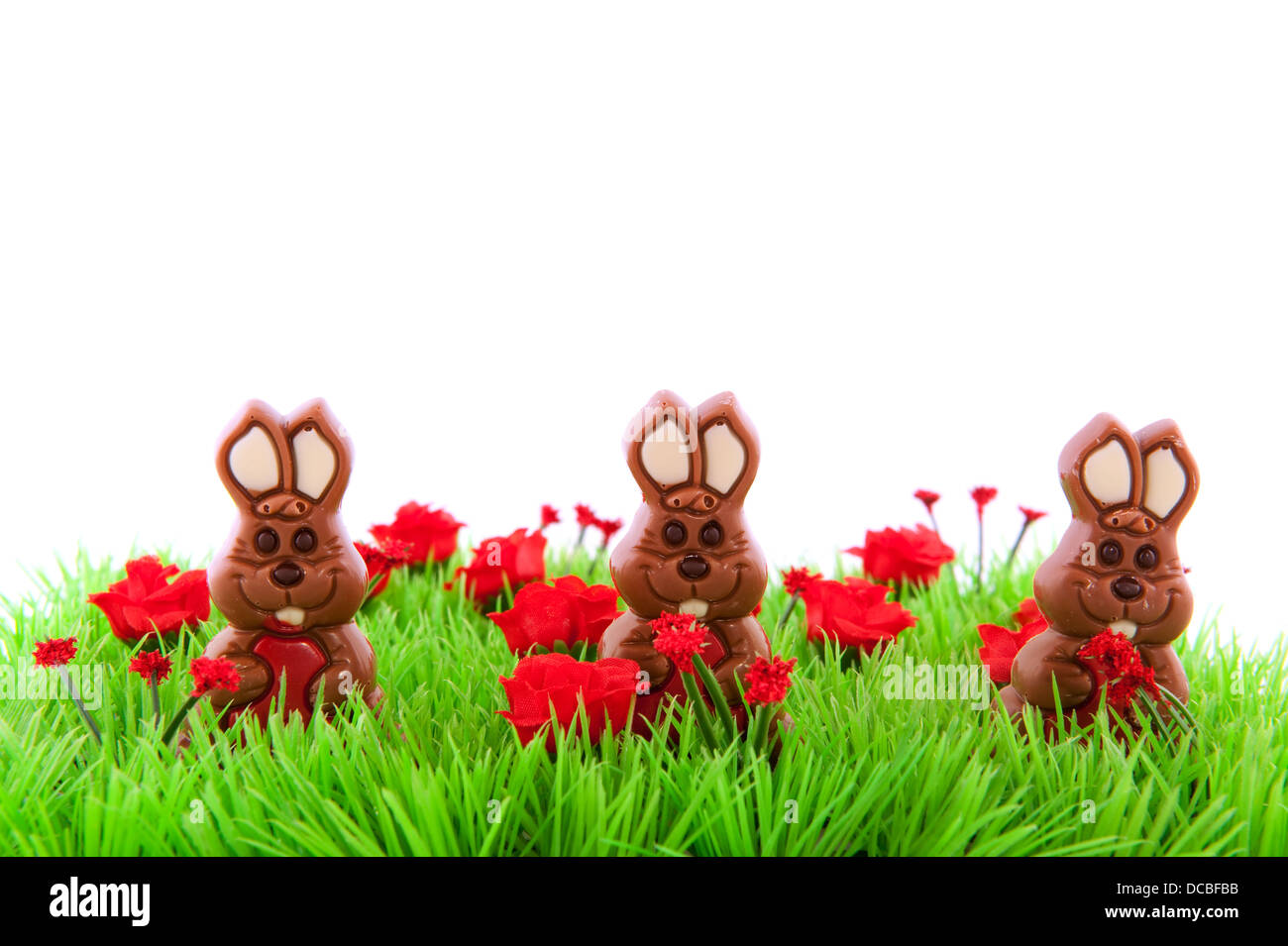 Erba verde con cioccolato pasqua lepri Foto Stock