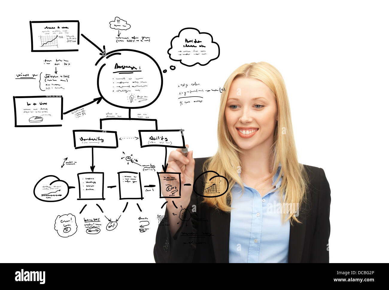 Imprenditrice disegno su schermo virtuale Foto Stock