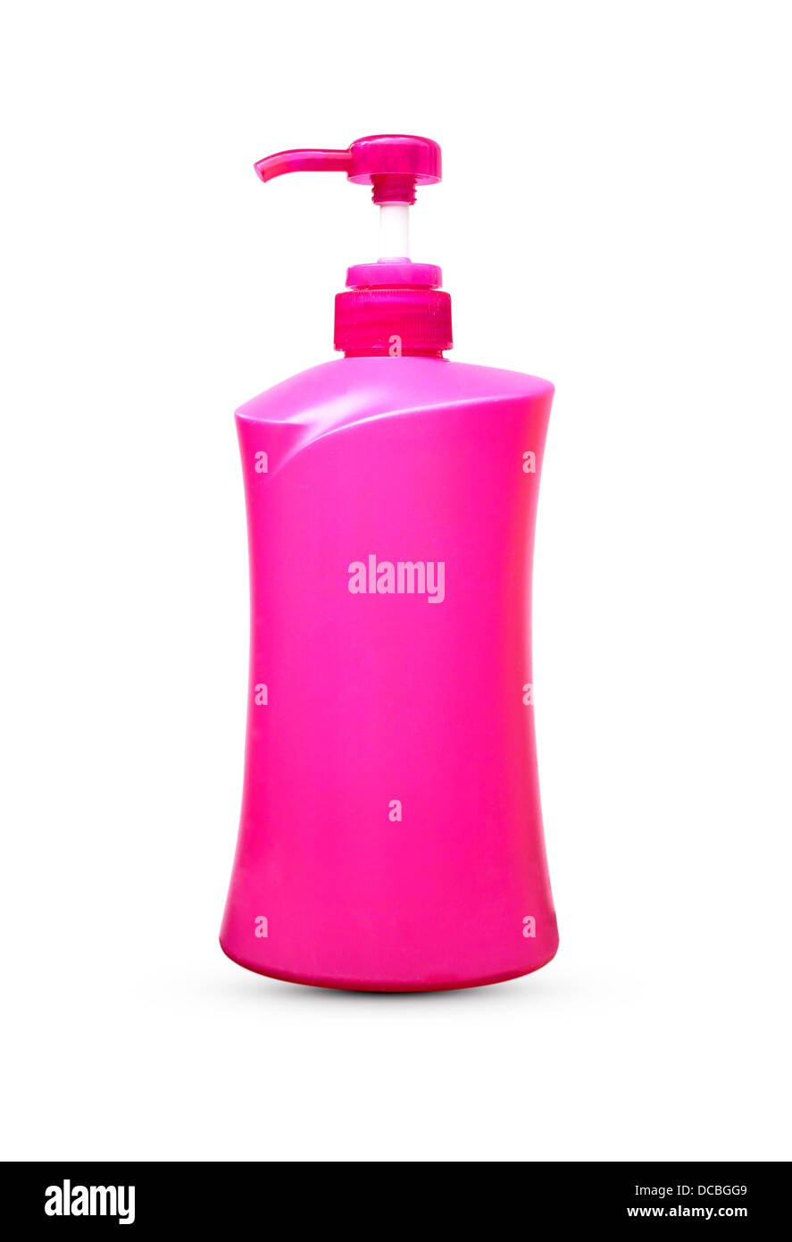 I contenitori in plastica per uso domestico di acqua isolato rosa sfondo bianco. Foto Stock