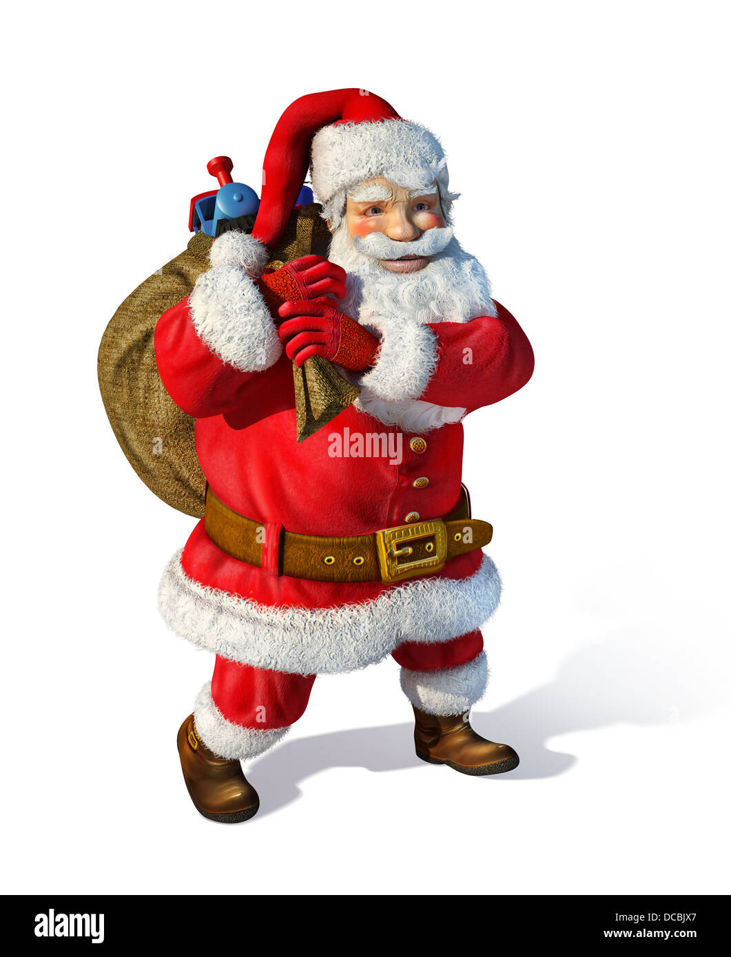 Babbo Natale in piedi con la borsa dietro le sue spalle, con giocattoli insde. Su sfondo bianco. Foto Stock