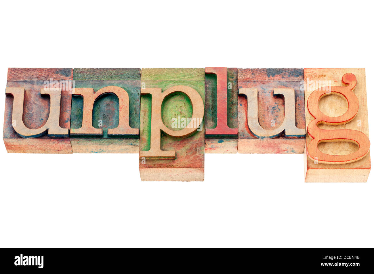 Scollegare - stile di vita o il sovraccarico di informazioni concetto - testo isolato in rilievografia woodtype Foto Stock