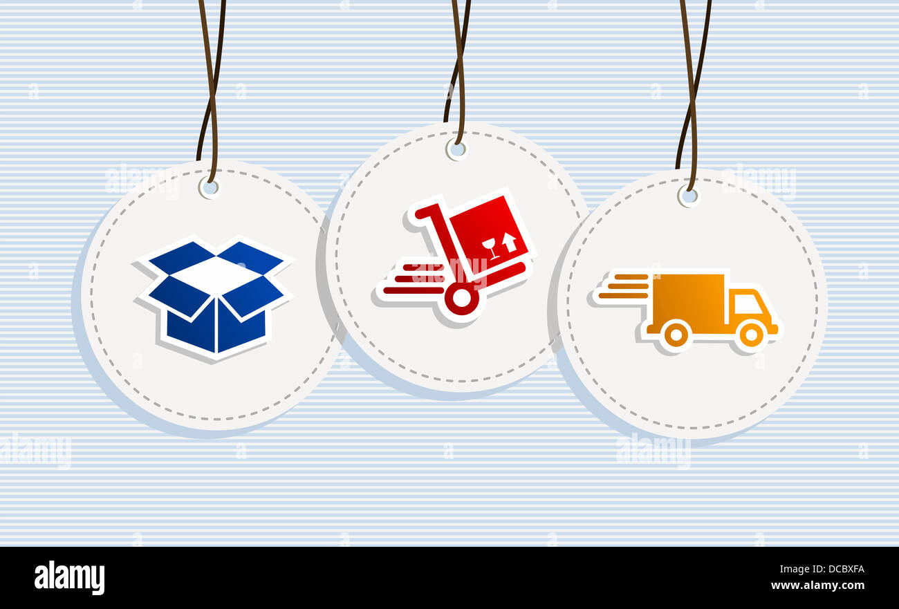 Consegna cartellini box carrello carrello illustrazione set. File vettoriale stratificata per una facile manipolazione e colorazione personalizzata. Foto Stock