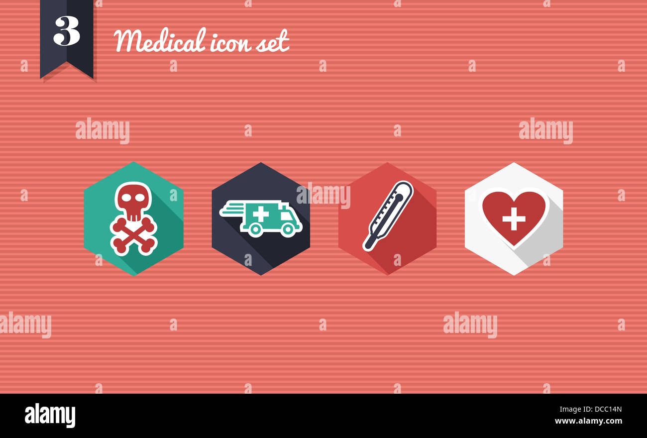 Colorati salute medica flat icon set, web app di emergenza controllo sanitario. File vettoriale stratificata per operazioni di editing semplici. Foto Stock