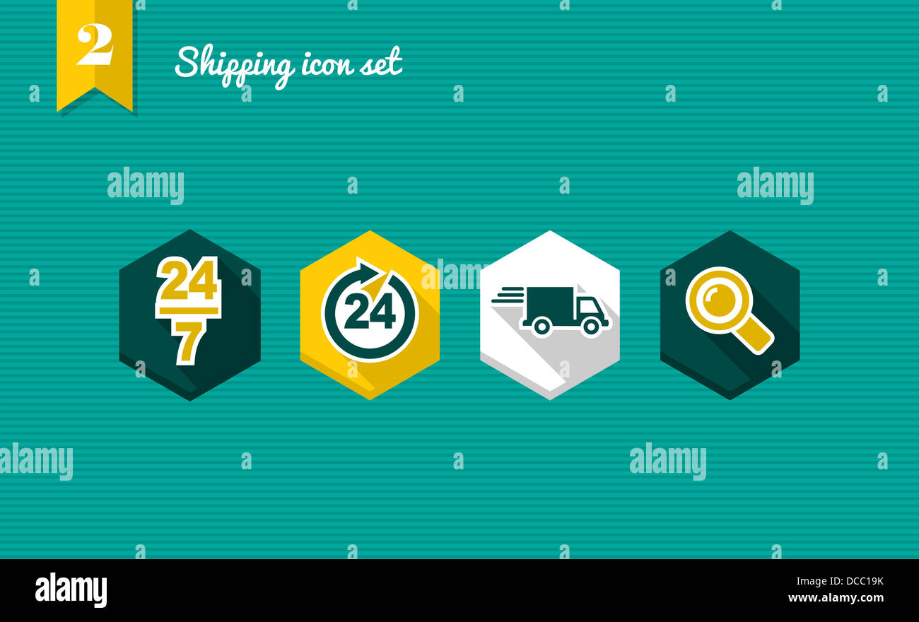 Colorate piatte spedizione icon set, sempre aperta la consegna dello shopping online app. File vettoriale stratificata per operazioni di editing semplici. Foto Stock