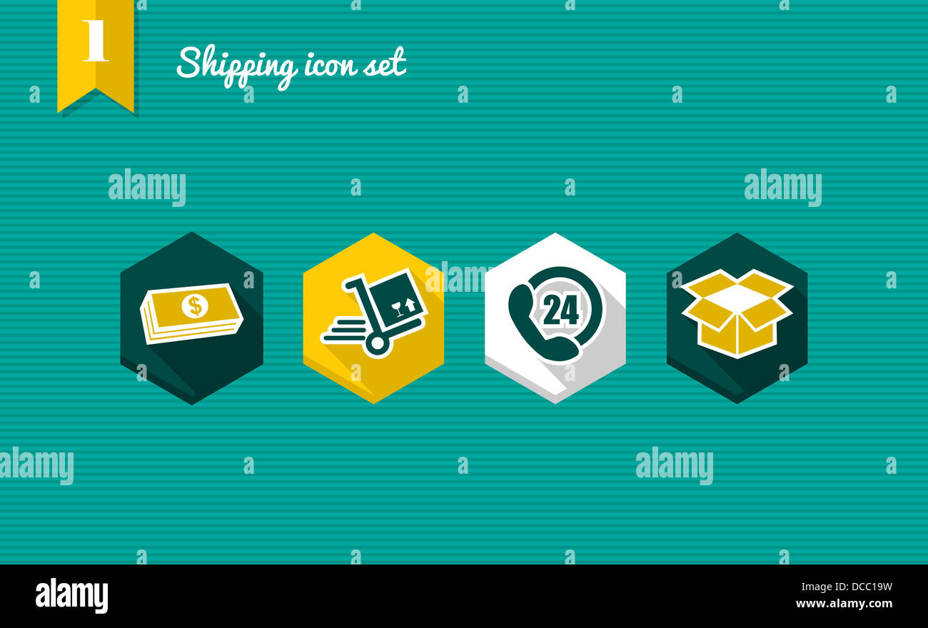 Colorate piatte spedizione icon set, consegna pagamento online di acquisto app. File vettoriale stratificata per operazioni di editing semplici. Foto Stock