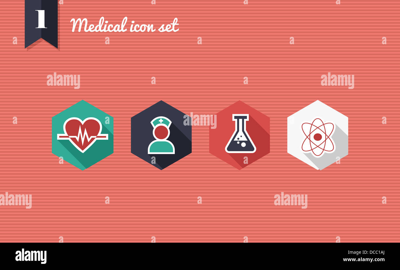 Colorati salute medica flat icon set, online app per malattia assistenza. File vettoriale stratificata per operazioni di editing semplici. Foto Stock