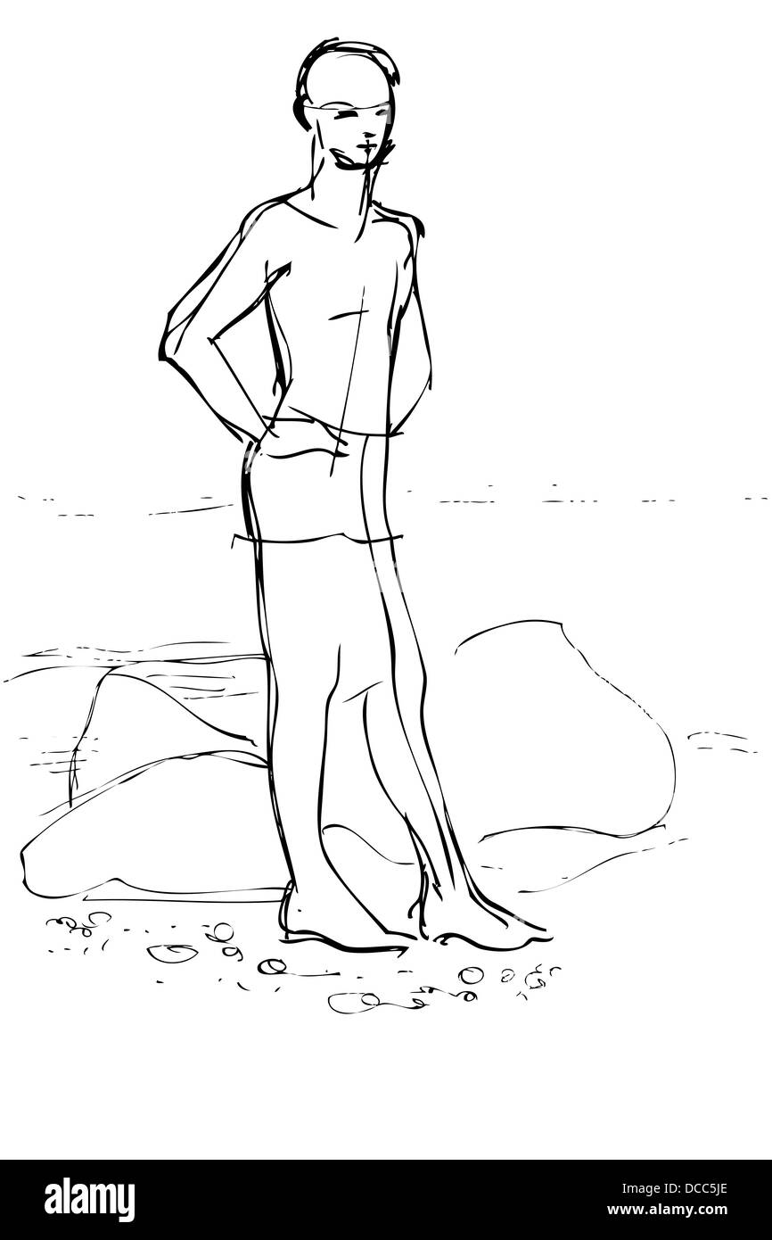 Schizzo di un giovane ragazzo in costa a terra Foto Stock