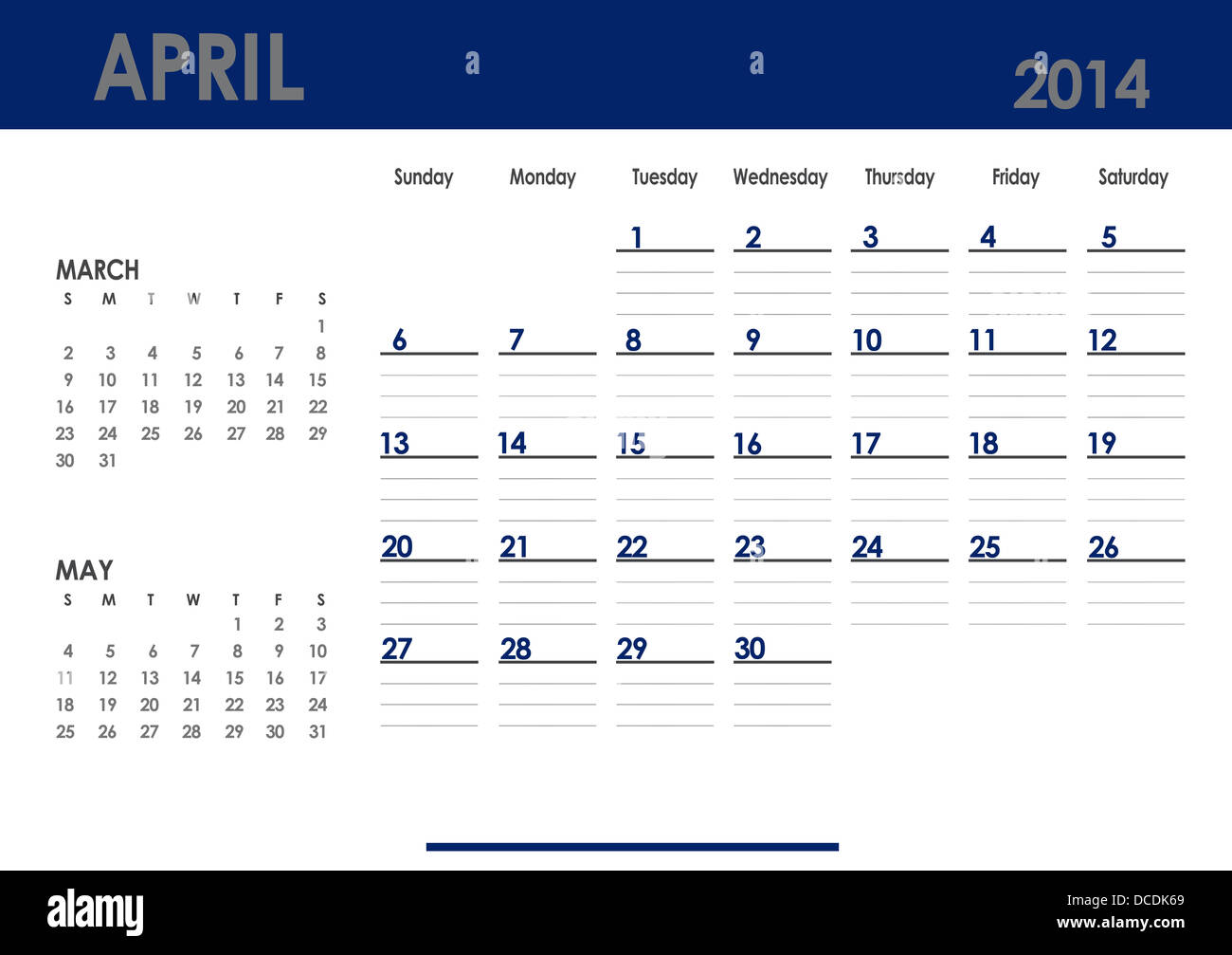 Calendario mensile per il 2014 anno - Aprile. Inizio domenica. Con mesi precedenti e successivi Foto Stock