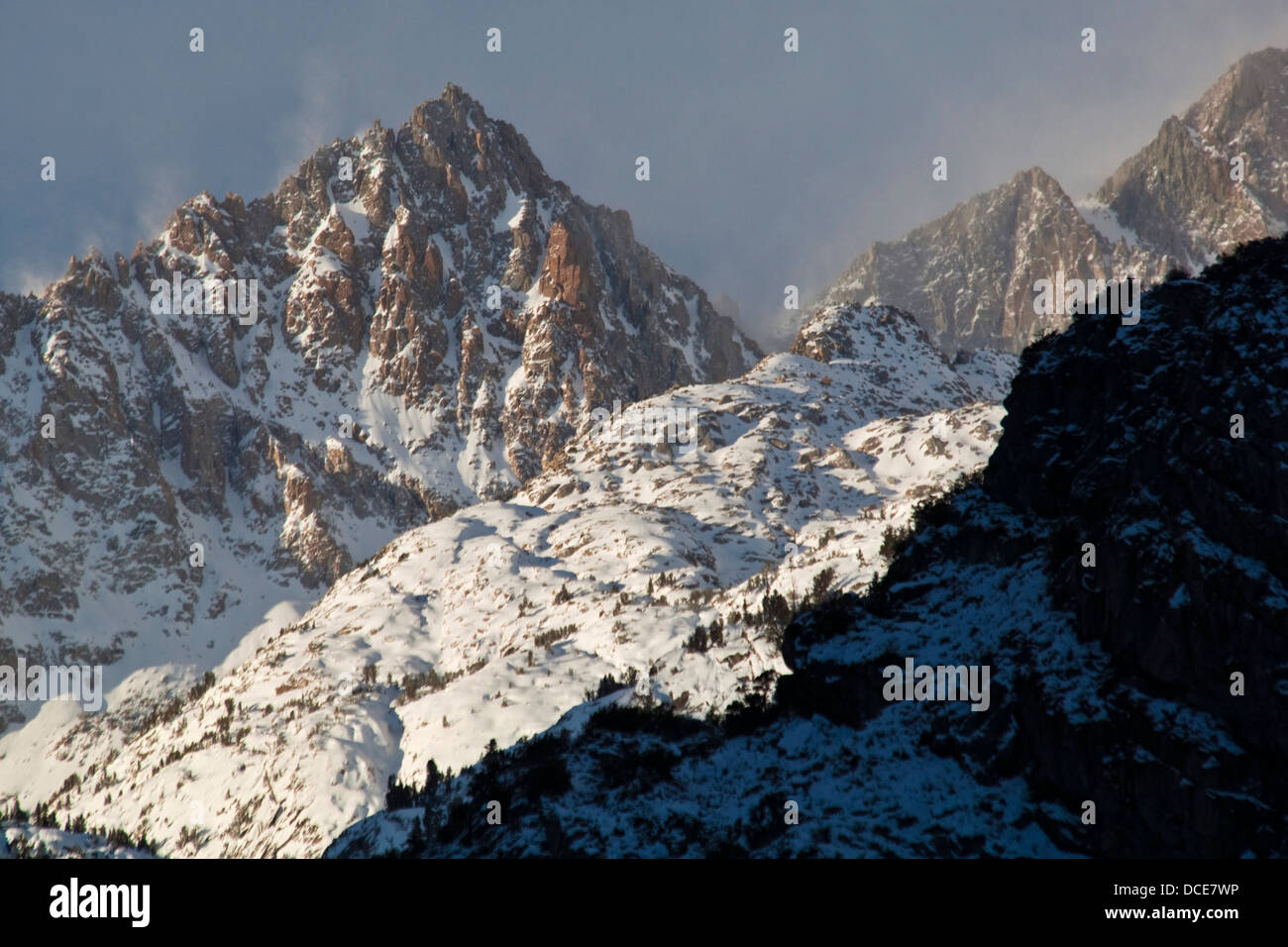 Eliminazione caduta tempesta di neve sulle alte cime della Sierra orientale, California Foto Stock