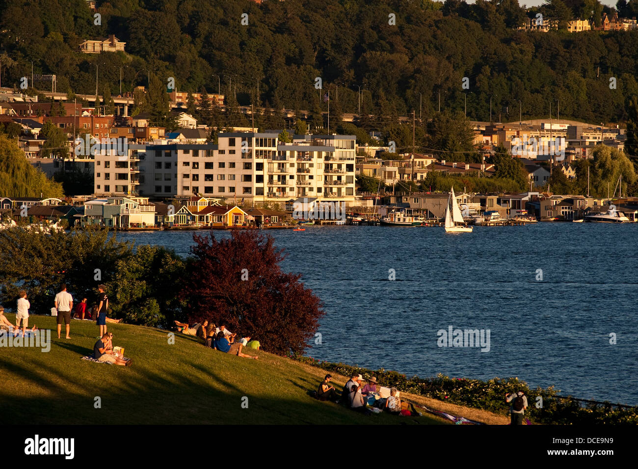 Immagine retrò di picnic al gas Works Park con famiglie e amici che guardano una gara in barca a vela sul lago Union Seattle Washington state Foto Stock