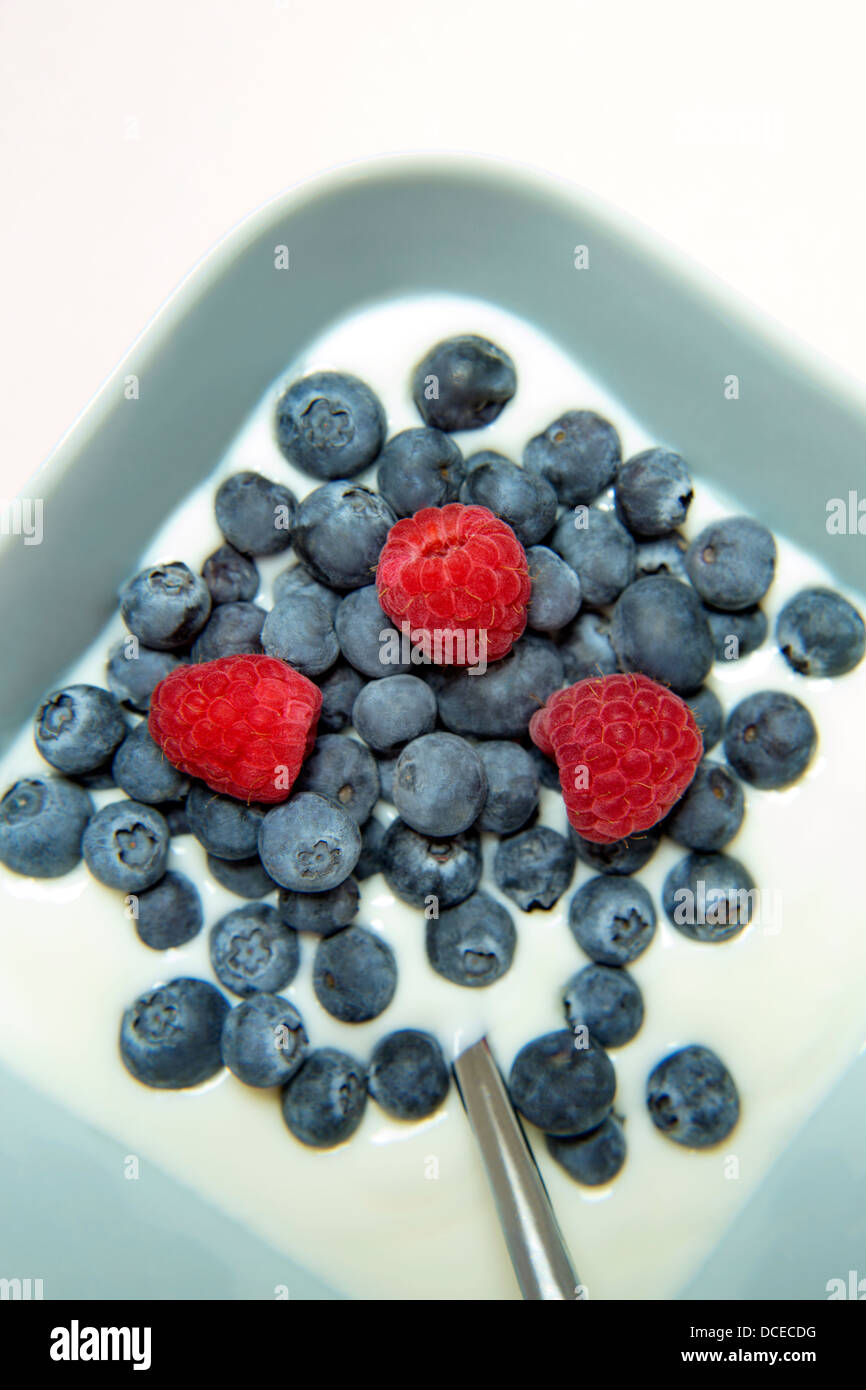 Yogurt con mirtilli e lamponi Foto Stock