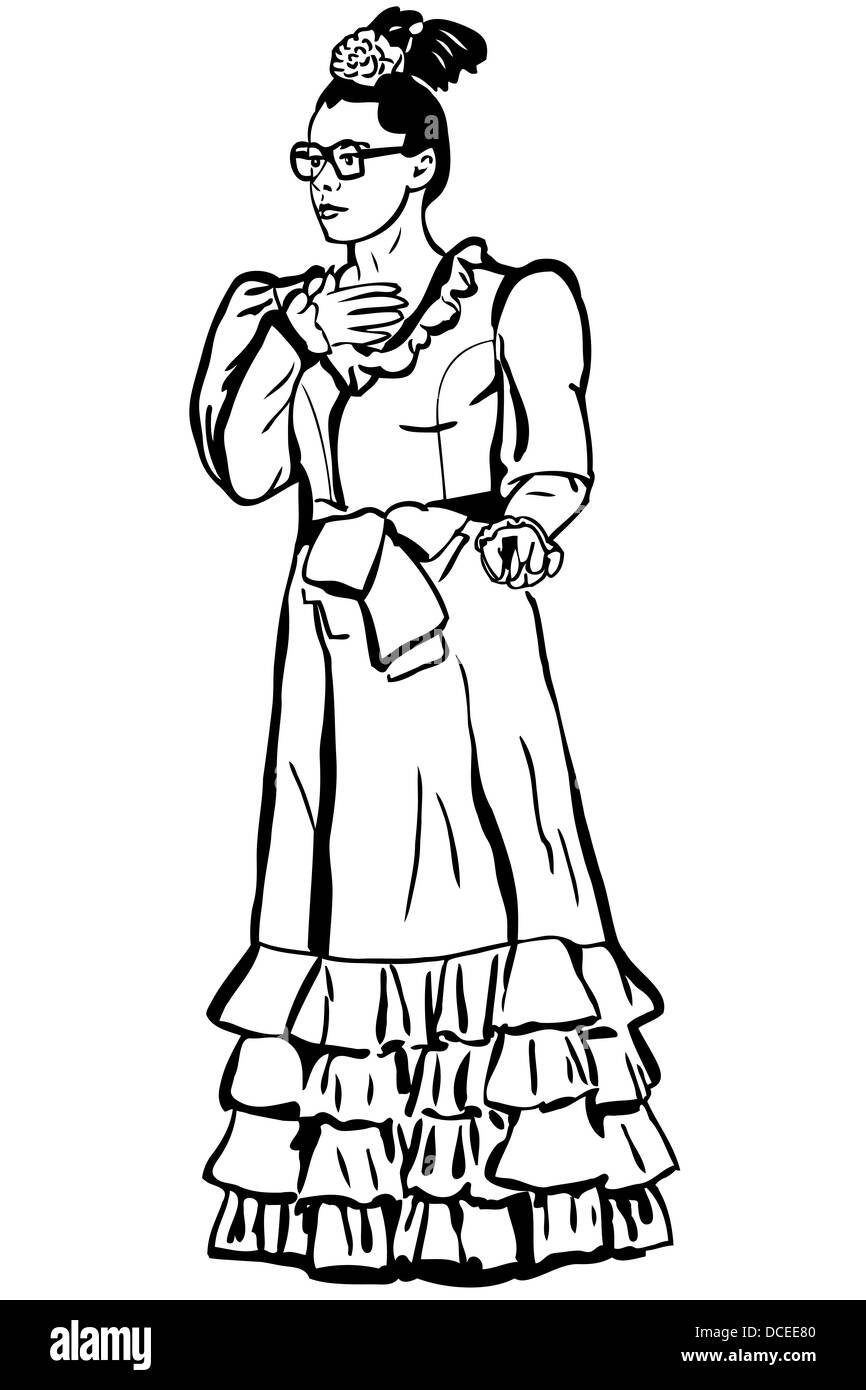 Schizzo retrò giovane donna spectacled e abiti lunghi Foto Stock
