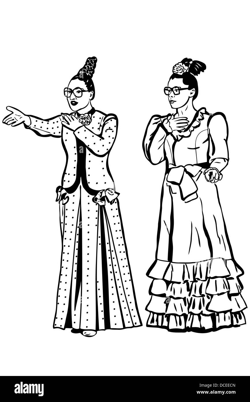 Schizzo retrò giovane donna spectacled e abiti lunghi Foto Stock