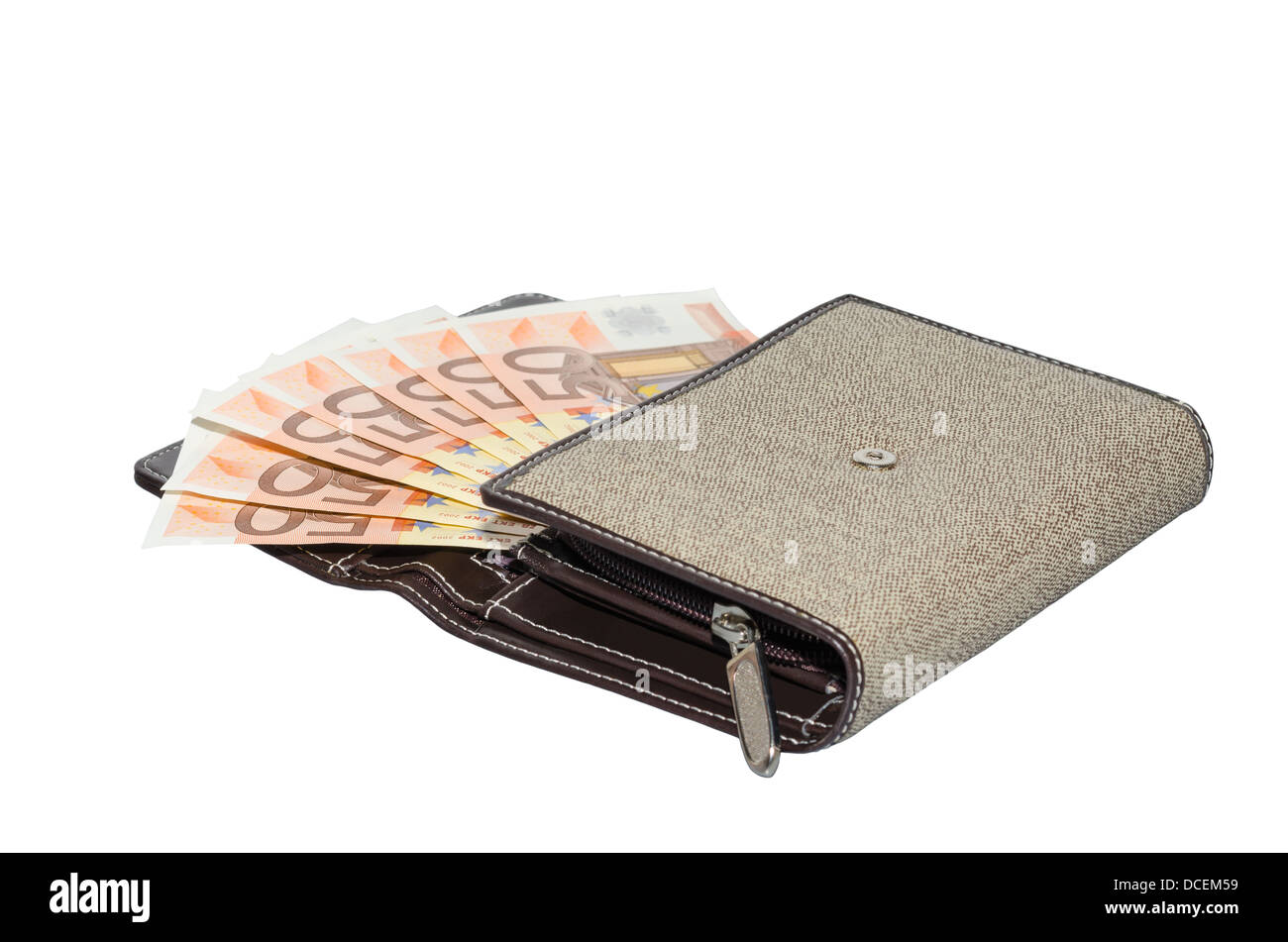 Donna tessuto portafoglio portamonete con ventola di contanti cinquanta euro banconote isolato su bianco Foto Stock